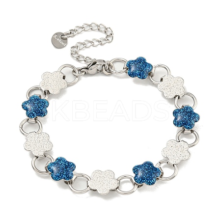 304 Stainless Steel Enamel Flower Link Chain Bracelets with Glitter Powder BJEW-S153-05P-01-1