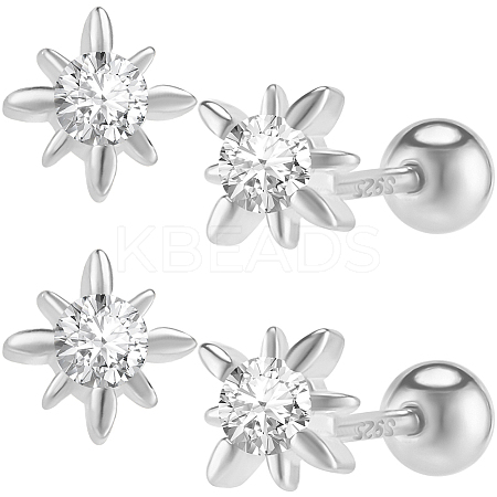 2 Pairs 925 Sterling Silver Micro Pave Clear Cubic Zirconia Flower Cartilage Earrings EJEW-BBC0001-57P-1
