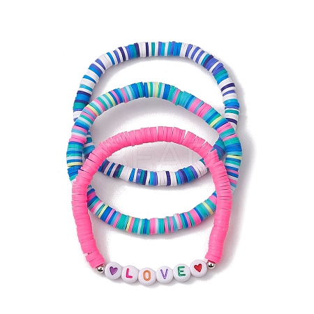 3Pcs 3 Colors Polymer Clay Disc Beaded Stretch Bracelet Sets BJEW-JB10441-02-1