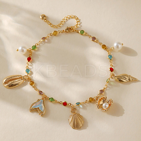 Bohemian Brass Glass Flat Round Link Chain Anklets LS-AJEW-Z046-09G-1