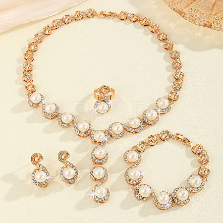 Letter S Alloy Crystal Rhinestone & Plastic Imitation Pearl Chain Necklaces & Stud Earrings & Link Bracelets & Rings Sets FS-WG52E62-01-1