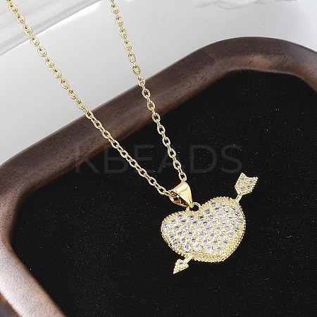 Brass Micro Pave Clear Cubic Zirconia Arrow Heart Pendant Necklaces for Women NJEW-M088-01G-03-1
