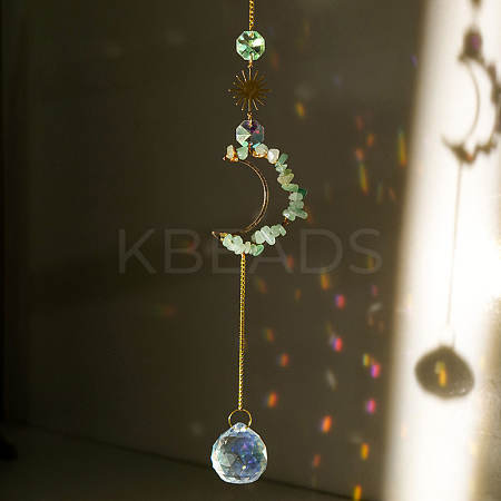 Natural Green Aventurine Chip Moon Pendant Hanging Ornaments G-PW0007-092B-1