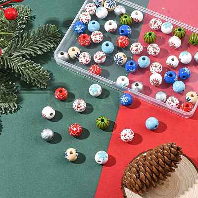 60Pcs 10 Styles Christmas Spray Painted Schima Wood Beads WOOD-FS0002-45-1
