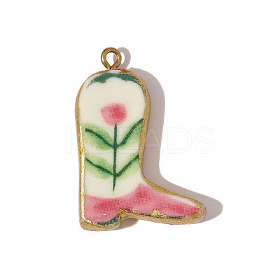 304 Stainless Steel & Floral Print Cowboy Boot Porcelain Pendants with Gold Trim STAS-OY006-49G-02-1
