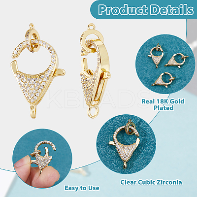 3Pcs Brass Micro Pave Clear Cubic Zirconia Lobster Claw Clasp ZIRC-HS0001-21-1