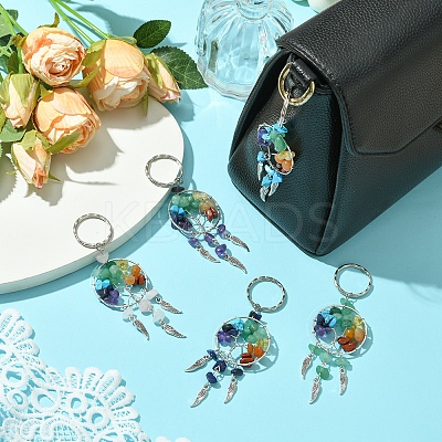 5Pcs 5 Styles Natural & Synthetic Gemstone Chips Tree of Life with Alloy Wings Pendant Keychain KEYC-FZ00022-1