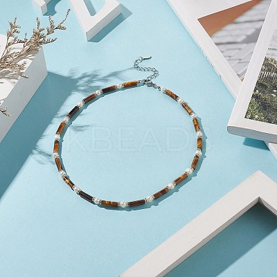 Natural Tiger Eye & Pearl & Crystal Rhinestone Beaded Necklace for Women NJEW-JN04209-03-1