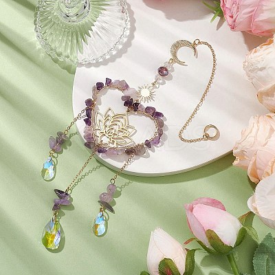 Natural Amethyst Chip & Brass Heart & Lotus Hanging Ornaments HJEW-TA00257-1