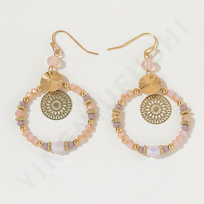 Brass Glass Flat Round with Rondelle Beaded Dangle Earrings FS-WG1FB0A-01-1