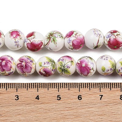 Handmade Flower Printed Porcelain Ceramic Beads Strands PORC-M007-10mm-17-1
