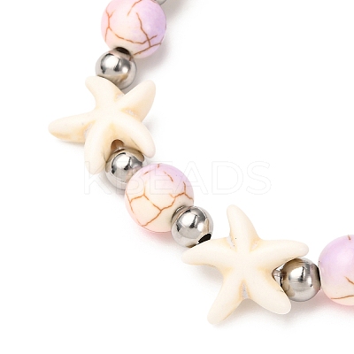 Starfish Synthetic Turquoise Beads & Brass Beads Stretch Bracelets BJEW-JB12417-01-1