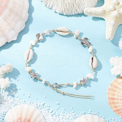 Beach Starfish Turtle Synthetic Magnesite & Natural Cowrie Shell Beaded Anklets AJEW-AN00687-03-1