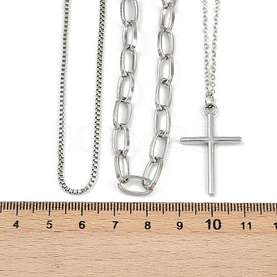 304 Stainless Steel Cross Pendant 3 Layer Necklaces for Women LS-NJEW-F343-02P-1