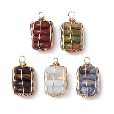 Natural Red Rainbow Jasper/Natural Tiger Eye/Natural Unakite/Natural Blue Spot Jasper/Opalite Copper Wire Wrapped Column Pendants PALLOY-JF02974-1