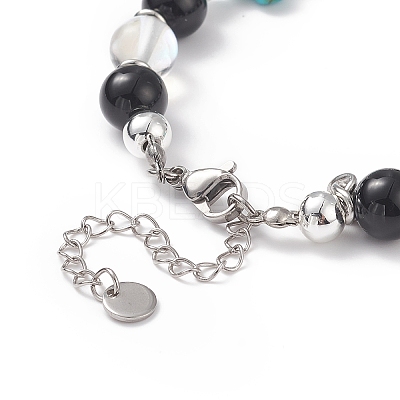 Natural & Synthetic Mixed Stone Beaded Bracelet with Cross Charm BJEW-TA00184-03-1