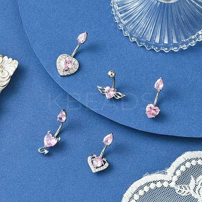 5Pcs 5 Styles Heart Teardrop 304 Stainless Steel Pearl Pink Cubic Zirconia Curved Barbell Belly Rings AJEW-CJ0001-58-1