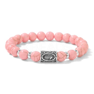 Alloy Nordic Viking Runes 8MM Dyed Synthetic Turquoise Round Beaded Stretch Bracelets KW3210-5-1