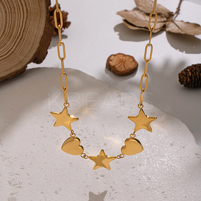 304 Stainless Steel Star Heart Link Chain Necklaces for Women UT7445-1