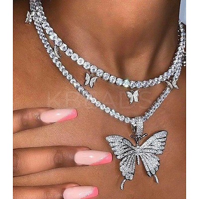 2Pcs Alloy Rhinestone Cup Chain Butterfly Pendant Necklaces for Women WGB1B47-12-1