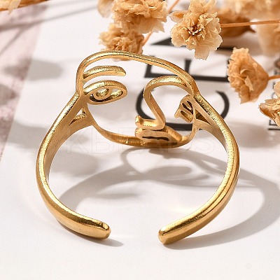 Hollow Human Face 304 Stainless Steel Open Cuff Rings for Women LS-RJEW-M046-03G-1