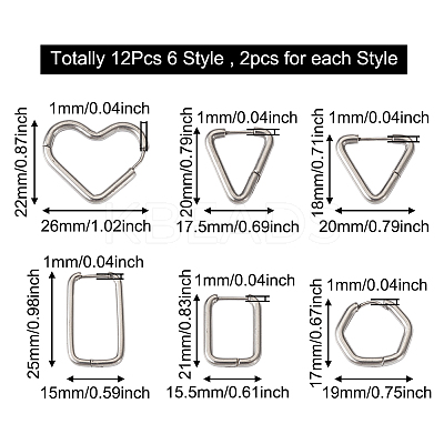 12Pcs 6 Style 303 Stainless Steel Hoop Earrings for Women EJEW-MP0001-01-1