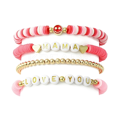4Pcs 4 Style Mother's Day Theme Polymer Clay Heishi Surfer Stretch Bracelets Set BJEW-TA00360-1