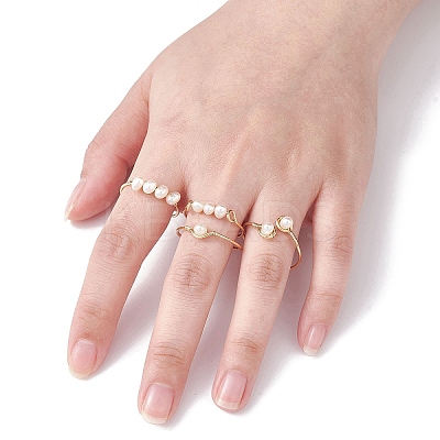 Copper Wire Wrapped Natural Cultured Freshwater Pearl Open Ring RJEW-JR00628-1