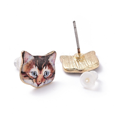 Real 14K Gold Plated Alloy Kitten Stud Earrings EJEW-G148-01G-M-1