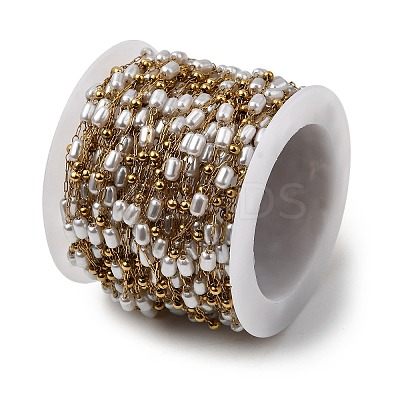Handmade 304 Stainless Steel ABS Plastic Pearl Beaded Oval Link Chains CHS-L032-01G-01-1