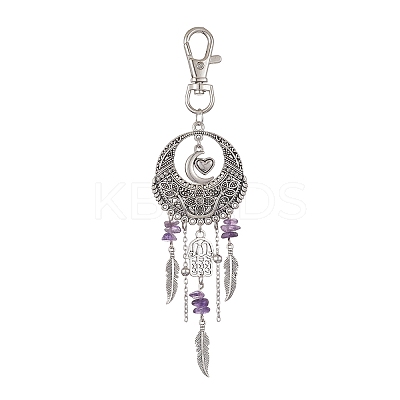 Tibetan Style Alloy Flat Round with Feather Pendants Decorations HJEW-JM01054-1