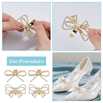 4Pcs 2 Styles Bowknot Alloy Crystal Rhinestone Shoe Decorations FIND-HS0002-07G-1