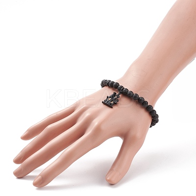 Natural Lava Rock Round Beaded Stretch Bracelet with Enamel Halloween Charms BJEW-JB08331-1