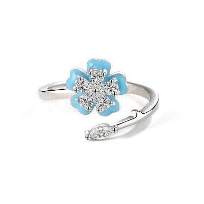 Flower Brass Micro Pave Cubic Zirconia Cuff Finger Rings for Women PW-WGD64C3-01-1