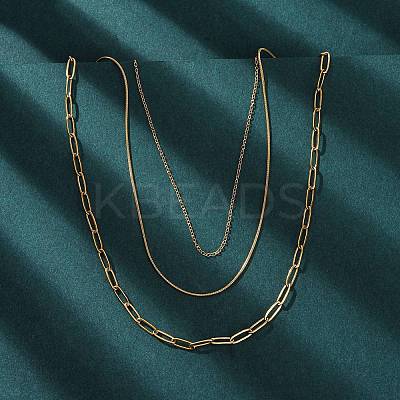 304 Stainless Steel Paperclip Chain 3 Layer Necklaces NJEW-T016-18G-1