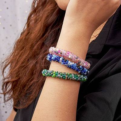 6Pcs 6 Colors Glass Beaded Crochet Stretch Bracelets Set BJEW-SZ0002-47-1