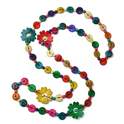 Dyed Natural Coconut Flower & Flat Round Beaded Necklaces NJEW-B088-02-1