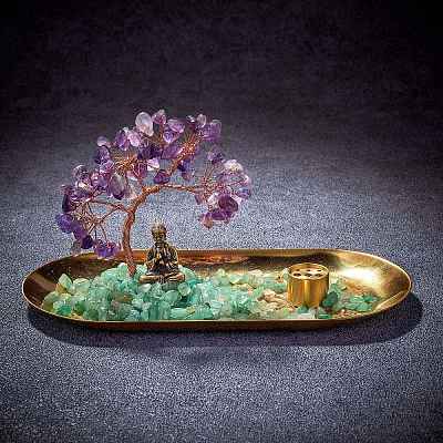 Natural Amethyst with Green Aventurine Chips with Brass Incense Burner Holder DJEW-G027-19RG-01-1