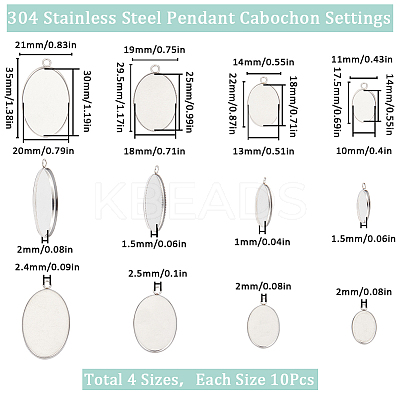 40Pcs 4 Styles 304 Stainless Steel Pendant Cabochon Settings STAS-SC0006-18-1