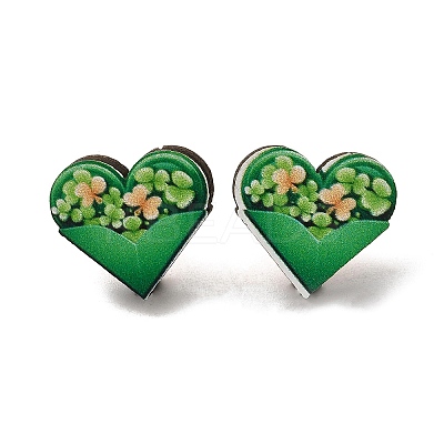 Saint Patrick's Day Green Wood Stud Earrings EJEW-D074-01E-1
