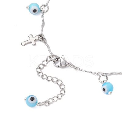 Handmade Evil Eye Lampwork & 304 Stainless Steel Cross Tassel Bar Link Chain Anklets for Women AJEW-AN00741-03-1