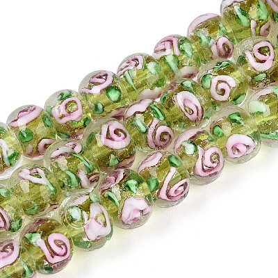 Handmade Lampwork Inner Flower Rondelle Beads Strands LAMP-T022-24H-1