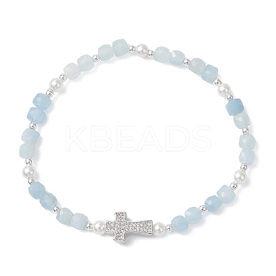 Natural Aquamarine Beaded Stretch Bracelets BJEW-JB13199-04-1