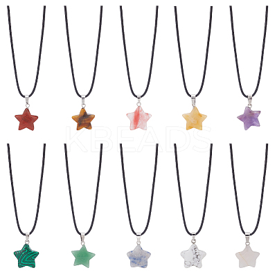 10Pcs 10 Style Natural Mixed Gemstone Star Pendant Necklaces Set with Wax Cords NJEW-AN0001-56-1