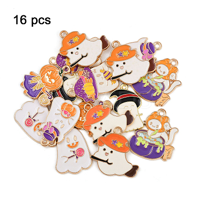 16Pcs 8 Styles Light Gold Tone Alloy Enamel Pendants ENAM-FP0003-19-1