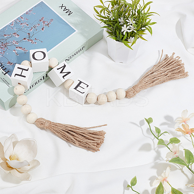 Wood Beaded Garland with Jute Cord Tassels DJEW-WH0042-68A-1