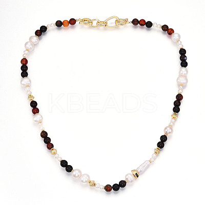 Natural Pearl & Agate & Crystal Round Beaded Necklaces NJEW-N056-01G-1