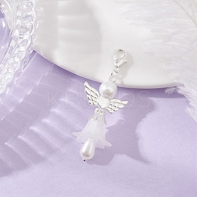 Frosted Acrylic & Glass Pearl Flower Angel Pendant Decorations HJEW-JM03490-01-1