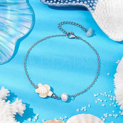 Synthetic Turquoise & Natural Freshwater Pearl Link Anklets AJEW-AN00628-04-1