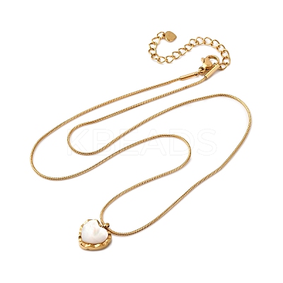 304 Stainless Steel & White Shell Heart Pendant Round Snake Chain Necklaces for Women NJEW-K255-39G-1